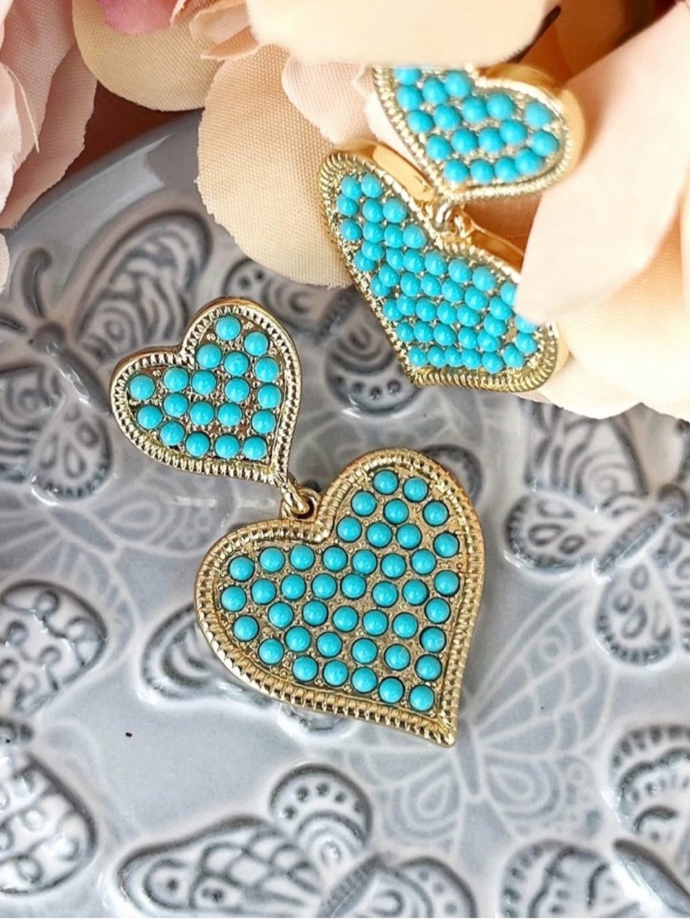 Park Lane Splash Turquoise Heart Drop Earrings with Gold Trim